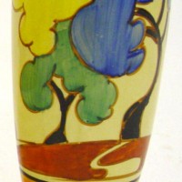 Pair of Clarice Cliff Bizarre Fantasque small vases, Hammer price:  £440